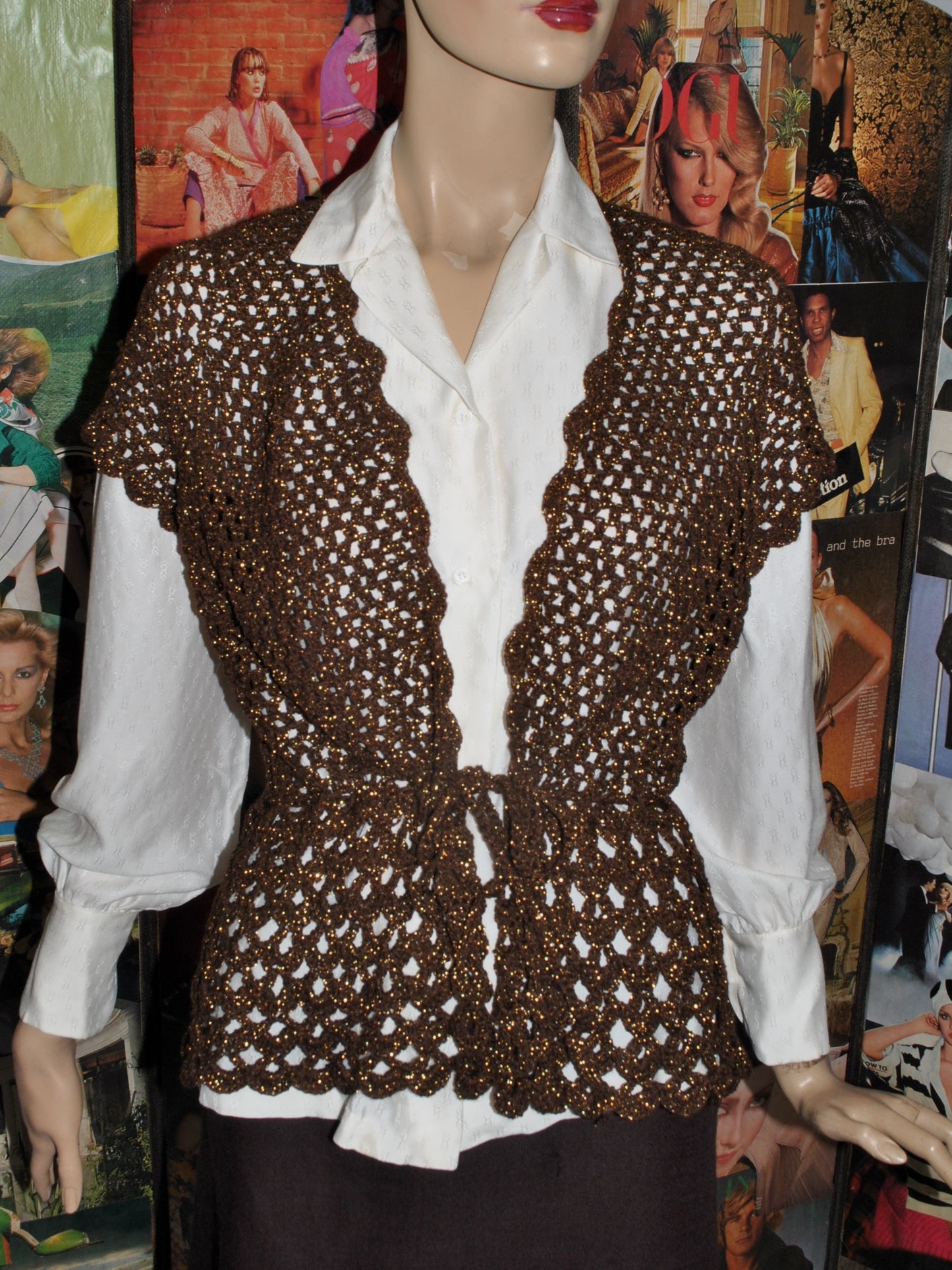 Handmade Brown and Lurex Crochet Waistcoat