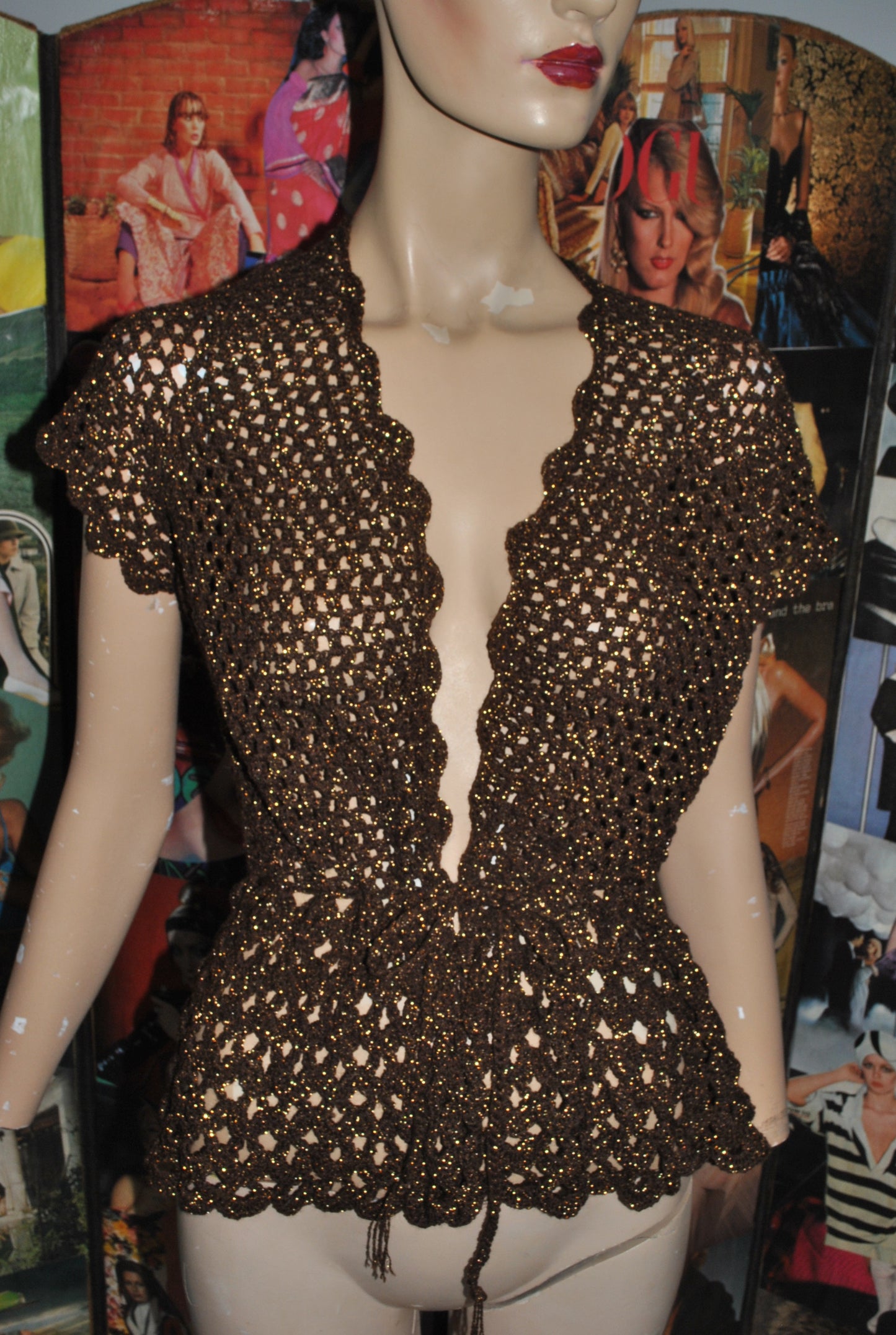 Handmade Brown and Lurex Crochet Waistcoat